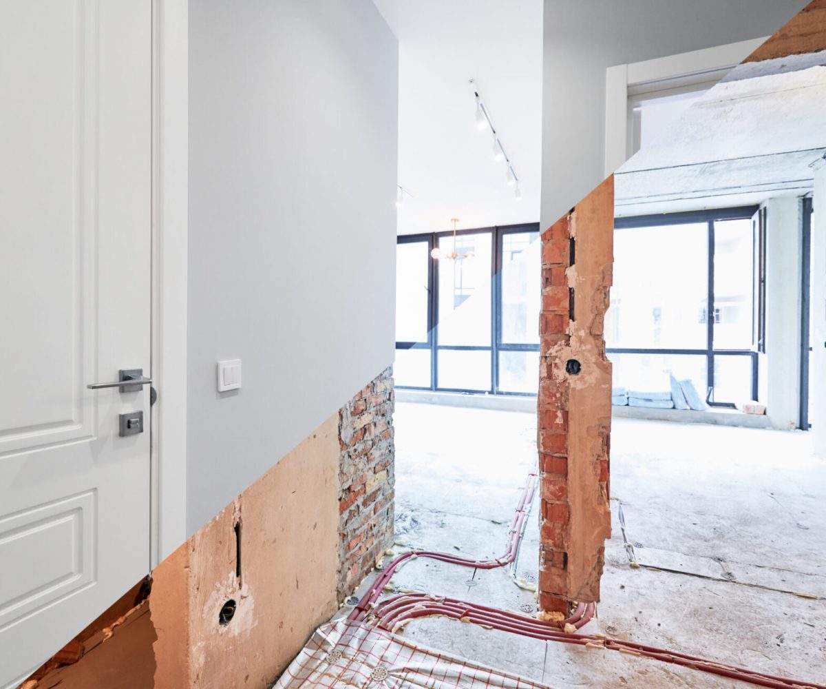 Living room and bedroom with large windows and doors before and after refurbishment or restoration. Old apartment before renovation and new renovated flat with parquet floor and furniture.